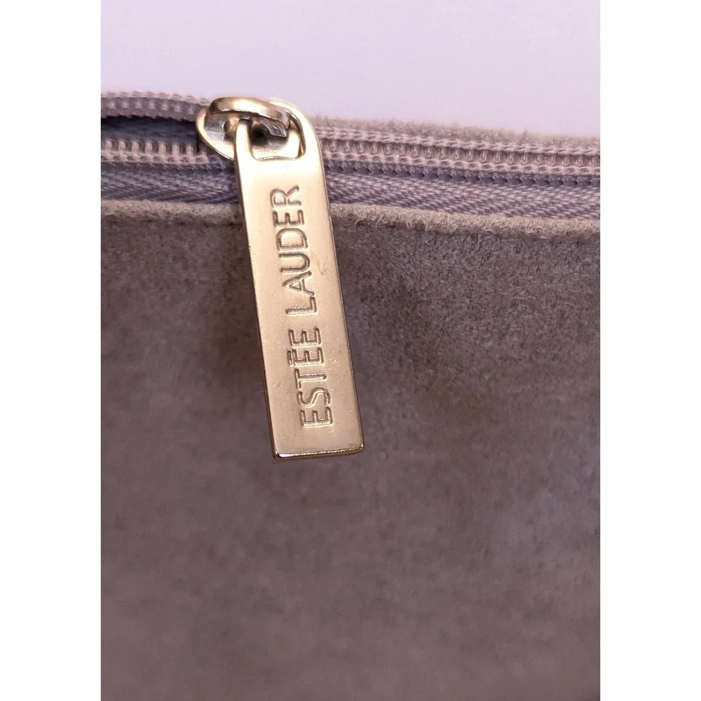 Estee Lauder Faux Suede Gray Cosmetic Zipper Bag Pouch Clutch + Travel Mirror